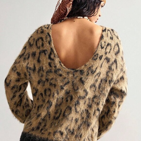 Casual Women's Boho leopard print Loose Long Sleeve Sweater top - Picture 5 of 7